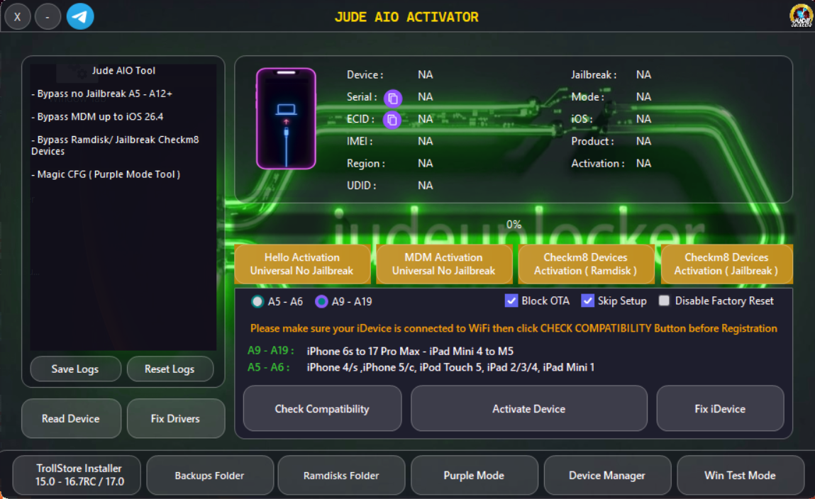 JUDE AIO ACTIVATOR A5 TO A19 ICLOUD BYPASS NO NEED JAILBREAK